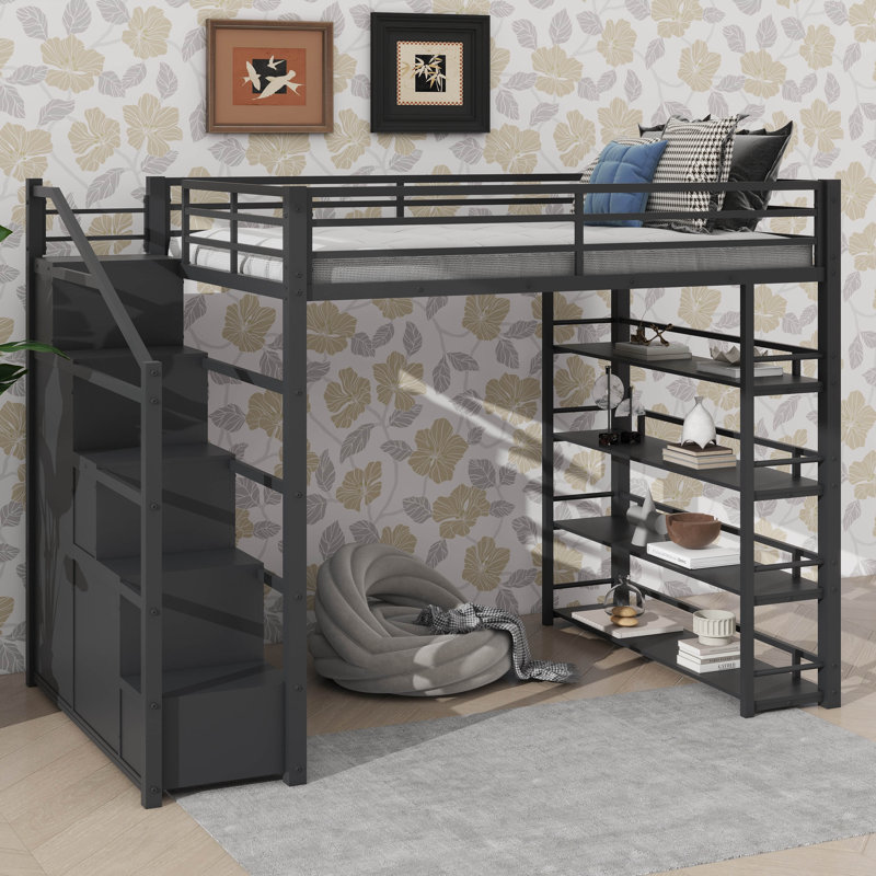 Latitude Run® Queen-Sized Metal Loft Bed With Built-In Storage